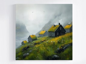 Poszter Tájkép Feröer-szigetek Hegyek Házikók Köd Trekking 40x40