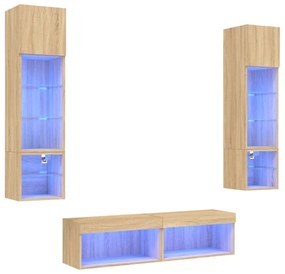 6 darab füstös tölgy színű szerelt fa TV-bútor LED-del