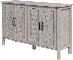 HOMCOM Alacsony Rusztikus Stílusú Konyhai Szekrény 2 Állítható Polccal, TV Buffet 55 hüvelykig 4 Fa Ajtóval, 120x37x75 cm, Szürke | Aosom