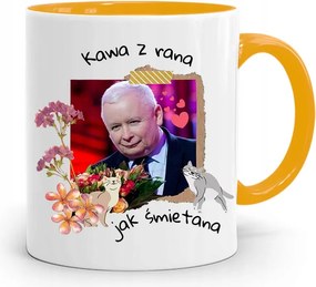 Sárga Vicces Bögre Jaroslaw Kaczynski felirattal, fényképpel