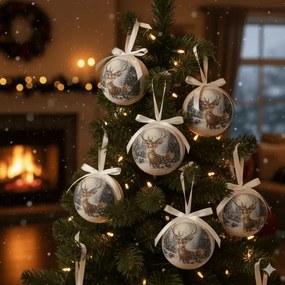 Vintage Gömb karácsonyfadísz díszdobozban - 14 darabos 7,5 cm - rénszarvasos