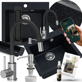 Gránit Mosogató Szett Egymedencés Fekete Metál Csaptelep Adagoló