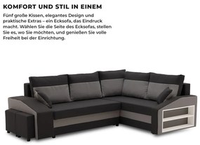 Grande sarokkanapé polcokkal és puffokkal , polc a jobb karfaban puffok a bal karfaban, jobboldali, szövet anyag, hab töltet, fekete - szürke