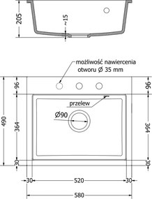 Mexen Oscar gránit mosogató 1-medencés 580 x 490 mm, fekete, krómozott szifon - 6519581000-77