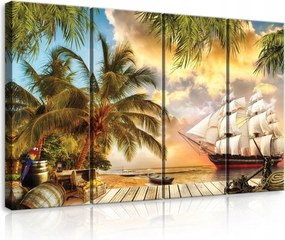 Vászonkép 120x80 Trópusi tengerpart vitorlás kalózok kincs naplemente pálmafák
