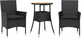 vidaXL 3részes fekete polyrattan/akácfa kerti étkezőgarnitúra párnákkal