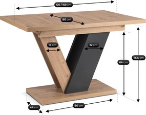 Kihúzható étkezőasztal 120–160 cm méretben, artisan tölgy/fekete színben CLARK