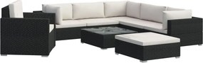 vidaXL 8-részes fekete polyrattan kerti bútorszett párnákkal