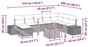 9 Részes Kerti Kanapé Szett Párnákkal Szürke Poli Rattan Akácia