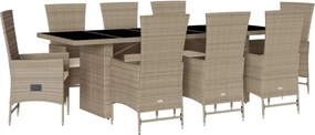 vidaXL 9 részes bézs polyrattan kerti étkezőgarnitúra párnákkal