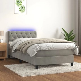 világosszürke bársony rugós és LED-es ágy matraccal 80 x 200 cm