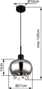 Globo 15839H Függeszték fém matt fekete, füstszínű üveg, átlátszó üvegkristályok, kábeltextil fekete, magassága lerövidíthető (függőlámpa), ø: 210mm, M:1200mm, nem tartozék: 1x E27 LED 9W 230V