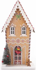 LED-es karácsonyi lámpás mézeskalács jellegű emeletes házikó ünnei díszítéssel fenyőfával asztali dekoráció 22x11x9cm