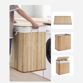 Bambusz szennyeskosár 3 rekesszel, fedéllel és fogantyúkkal, 150 literes