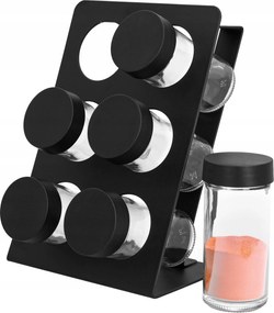 Fűszertartó Állvány fekete fém és 6 db befőttes üveg konyhapulthoz 7el