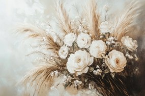 Vászonkép Canvas Csokor Fű Bazsarózsa Rózsa Kompozíció Boho 60x40