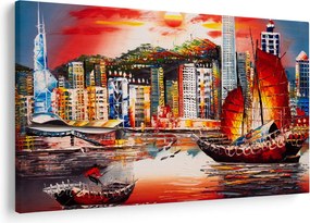 Kép - Victoria Harbour, Hong Kong, olajfestmény (90x60 cm)