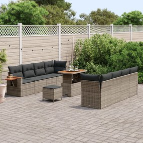 11 Részes Kert Kanapé Szett Párnákkal Szürke Poly Rattan Akácia, 3 Részes Kert Étkező Szett Párnákkal Szürke Poly Rattan Akácia