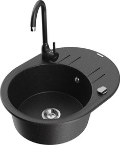 Mexen Kevin egymedencés gránit mosogató csepegtetővel és Telma konyhai csappal, fekete/ezüst metál - 6517-73-670200-70