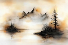 Vászonkép Canvas Grafika Tájkép Hegyek Tó Sziget Fa 120x80