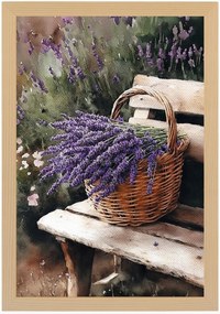 Poszter Keret Fa Kert Pad Nyár Kosár Virágok Levendula Csokor 40x60