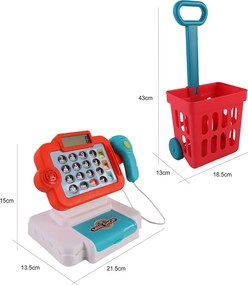 Játék bolti pénztárgép tele bevásárlókocsival, 32 db-os