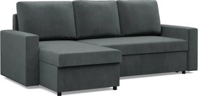 Zeus sarokkanapé, 1 ágyneműtartóval, egyenes kartámasz, bársony, univerzális oldal, hab töltet, szürke