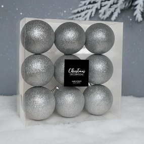 Ezüst glitteres műanyag karácsonyi gömb szett 8 cm 9 db