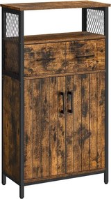 Tárolószekrény, komód fiókkal és állítható polccal – rusztikus barna–fekete színben