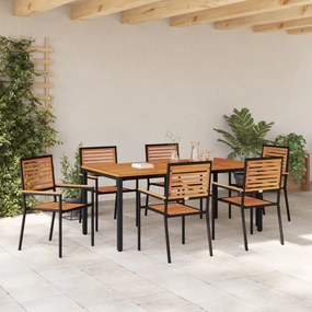 7 részes kerti étkező garnitúra Fekete Poli Rattan Akác, Egymásra rakható kerti székek párnákkal 2 db Fekete Poli Rattan, Kerti asztal 180x90x75 cm Szilárd Akácfa és Fém