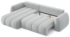 Világosszürke buklé kinyitható-tárolóhelyes sarokkanapé (bal oldali-heverő résszel) Pele – Makamii