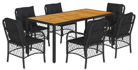 7 részes fekete polyrattan kerti étkezőgarnitúra párnával