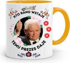 Sárga Vicces Bögre Jaroslaw Kaczynski felirattal, fényképpel