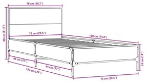 füstös tölgyszínű szerelt fa és fém ágykeret 75 x 190 cm