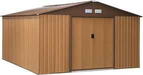 Outsunny Fém Szerszámtároló 26.2m³ 340x386x200cm Farkasfej Fészek Csúszó Ajtóval Időjárásálló Kertiház Kültéri Kerti Szekrény, Sárga | Aosom