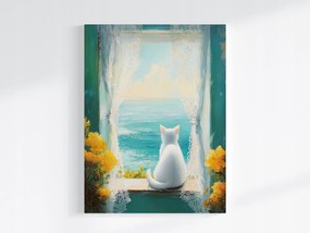 Vászonkép Canvas Impresszió Ablak Kilátás Tenger Fehér Macska Virágok 75x100