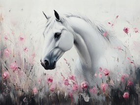Vászonkép Canvas Olaj Természet Fehér Ló Paripák Virágok Rózsák Rét 100x75
