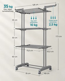 SONGMICS 4 szintes összecsukható ruhaszárító állvány, 3 szárítószinttel, cipőtartóval és görgőkkel, 126 x 64 x 172 cm, max. 35 kg, szürke