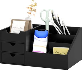 HOMCOM Bambusz Asztali Szervező 2 Fiókkal, 6 Rekesszel és Polccal Irodához és Otthonra 33x20.5x15.5 cm Fekete | Aosom