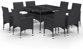 9 részes fekete polyrattan és üveg kerti étkezőgarnitúra
