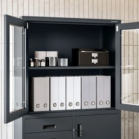 Fém iratszekrény széffel, vitrinnel és fiókokkal FILIP, 900 x 1850 x 400 mm, antracit