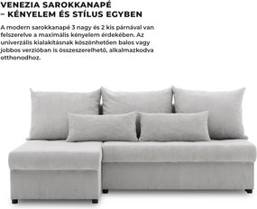 Venezia sarokkanapé, 3 ágyneműtartóval, kordbársony, univerzális oldal, hab töltet, szürke