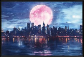 Poszter Keret Alumínium Város Panoráma Felhőkarcolók Folyó Éjszaka Hold 60x40