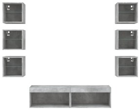 8 darab betonszürke szerelt fa fali TV-bútor LED-del