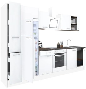 Yorki 300 konyhablokk fehér korpusz,selyemfényű fehér front alsó sütős elemmel felülfagyasztós hűtős szekrénnyel