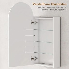 HOMCOM Fürdőszobai tükör, ívelt tükörrel, állítható üvegpolcokkal, 40 x 12 x 80 cm, fehér