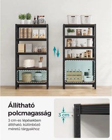 Nagy teherbírású tárolópolc, 5 állítható polccal, 650 kg teherbírás, 75 x 30 x 150 cm, rusztikus barna/fekete