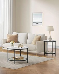 Dohányzóasztal üveg asztallappal és nagy tárolóhellyel, márványfehér és tintafekete