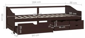 sötétbarna 3-személyes tömör fenyőfa kanapéágy fiókokkal 90x200