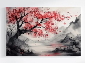 Vászonkép Canvas Ázsia Hegyek Tó Cseresznyefa Sakura Zen 120x80
